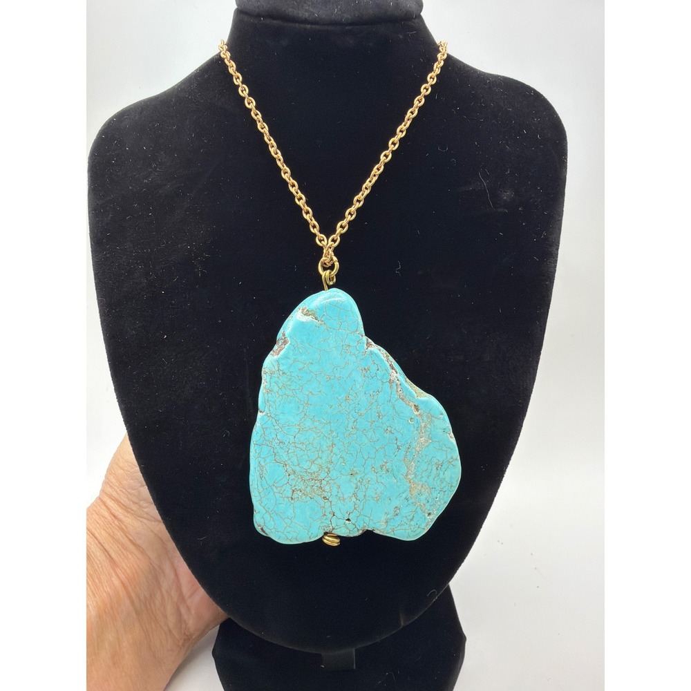 Large Raw Turquoise Slab Pendant Necklace Gold Tone Chain Boho Southwestern